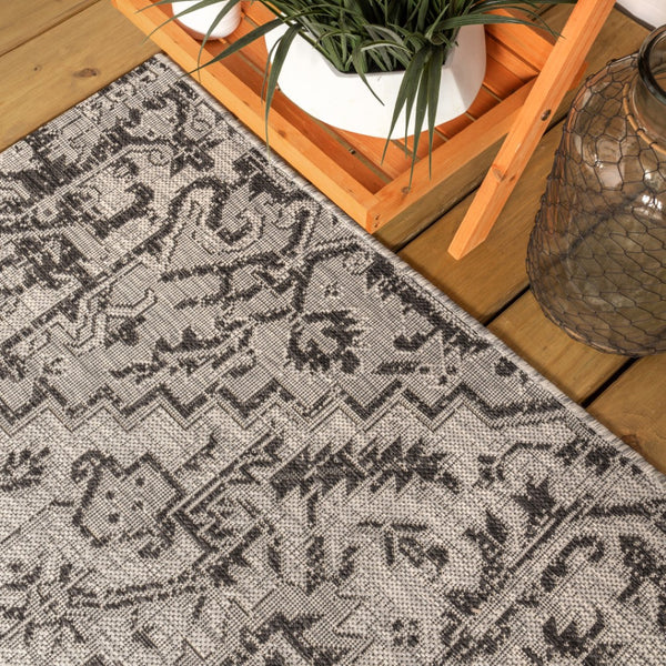 HomeRoots 9' Square Medallion Area Rug - Stylish Black & Gray Design for Indoor/Outdoor Spaces, Durable & Easy Care 704292