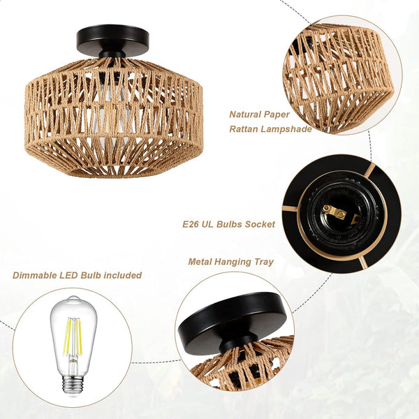 English Elm Boho Light Fixtures - Mini Rattan Chandelier With Dimmable Led Bulb For Stylish Ceiling Lighting Decor W2738P185431