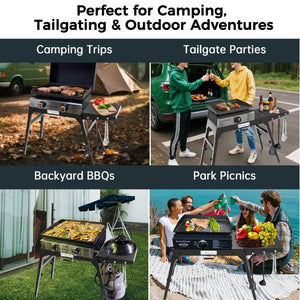 English Elm Foldable Carbon Steel Griddle Stand with Adjustable Legs and Side Shelf Outdoor Use W2181P481705