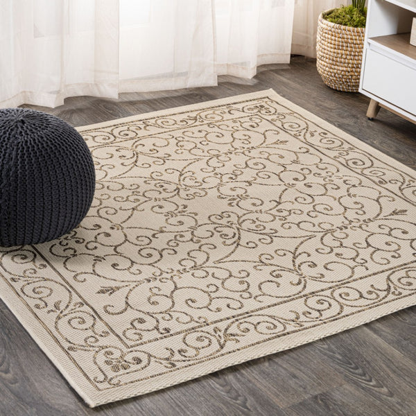 HomeRoots 9' Beige and Brown Medallion Area Rug - Stylish Square Design for Indoor/Outdoor Spaces, Easy Care! 704301