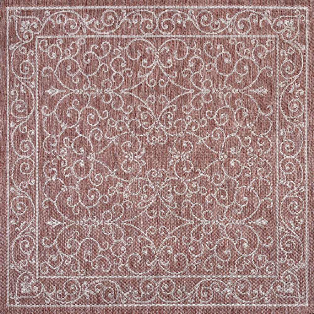 HomeRoots 6' Red and Beige Square Medallion Rug - Durable Indoor/Outdoor Accent for Modern Spaces & Patios 704306