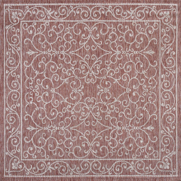 HomeRoots 6' Red and Beige Square Medallion Rug - Durable Indoor/Outdoor Accent for Modern Spaces & Patios 704306