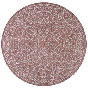 HomeRoots 8' Round Medallion Area Rug in Bold Red and Beige - Indoor/Outdoor, Durable, Stylish and Easy Care 704307