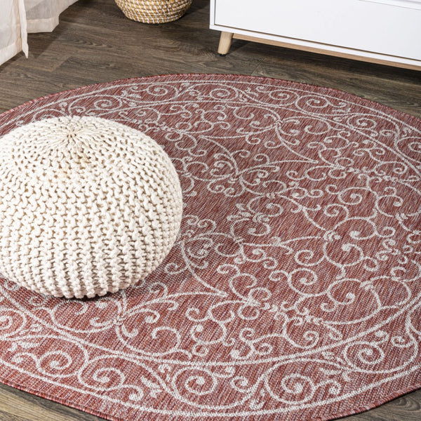 HomeRoots 8' Round Medallion Area Rug in Bold Red and Beige - Indoor/Outdoor, Durable, Stylish and Easy Care 704307