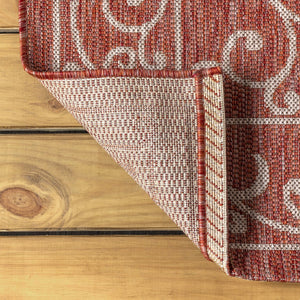 HomeRoots 8' Round Medallion Area Rug in Bold Red and Beige - Indoor/Outdoor, Durable, Stylish and Easy Care 704307