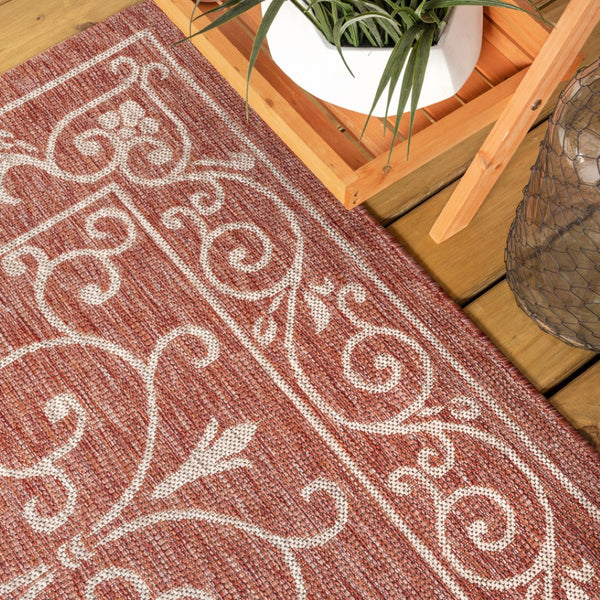 HomeRoots 8' Round Medallion Area Rug in Bold Red and Beige - Indoor/Outdoor, Durable, Stylish and Easy Care 704307