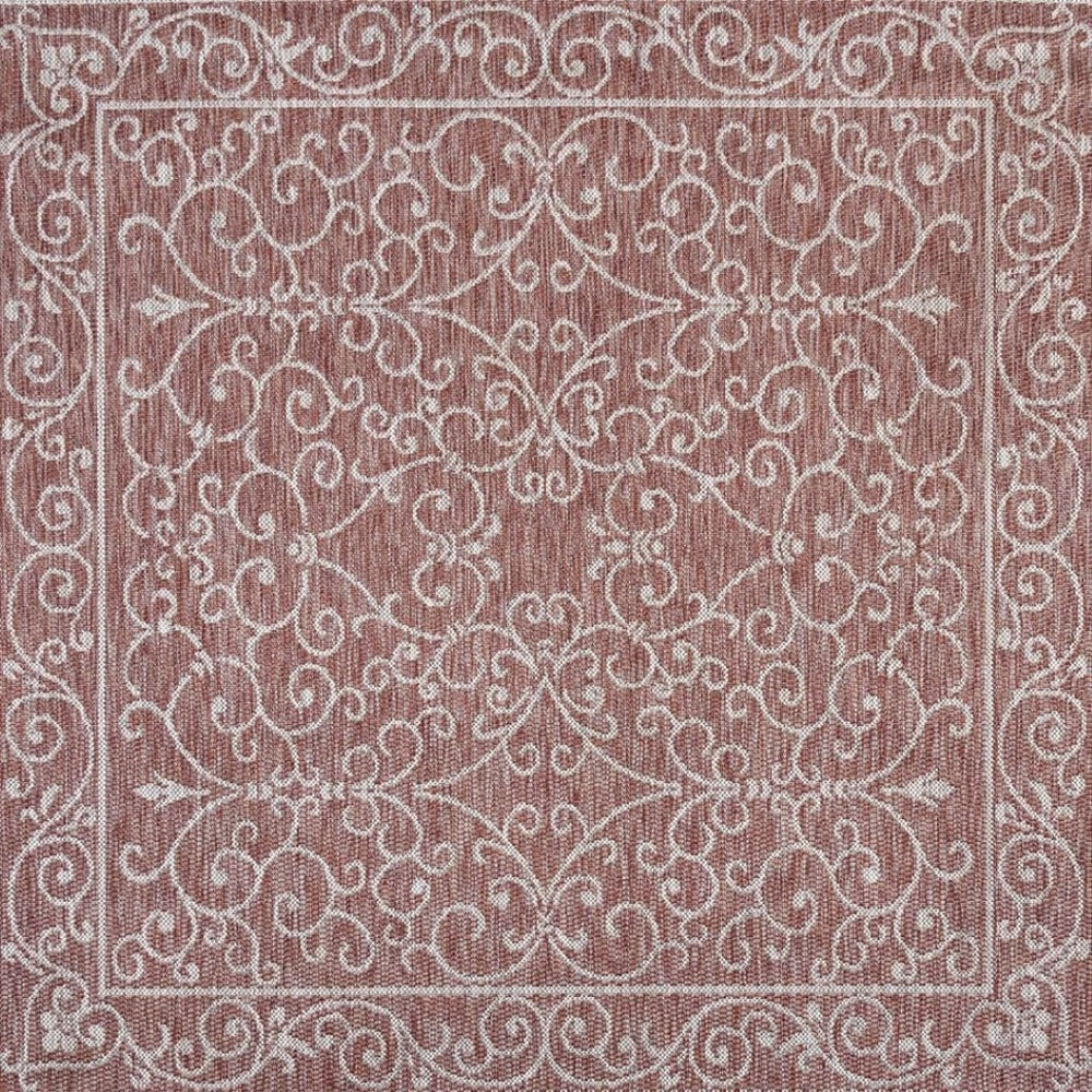 HomeRoots 8' Red And Beige Square Medallion Rug - Stylish Indoor/Outdoor Area Rug for Modern Spaces & Durability 704308