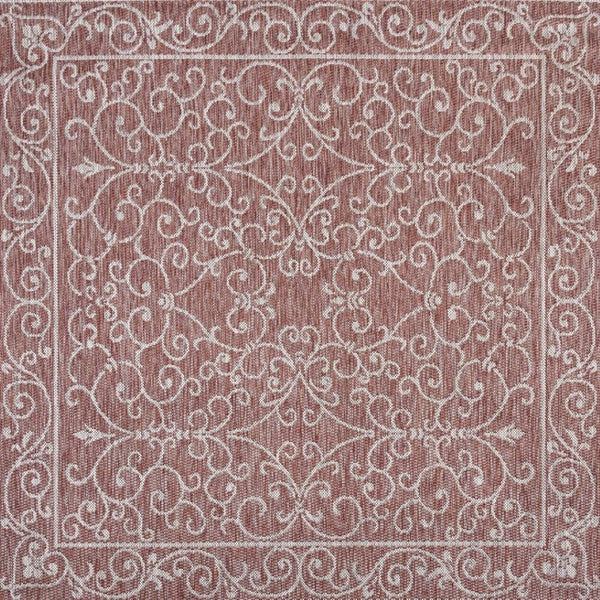 HomeRoots 8' Red And Beige Square Medallion Rug - Stylish Indoor/Outdoor Area Rug for Modern Spaces & Durability 704308