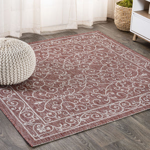 HomeRoots 8' Red And Beige Square Medallion Rug - Stylish Indoor/Outdoor Area Rug for Modern Spaces & Durability 704308