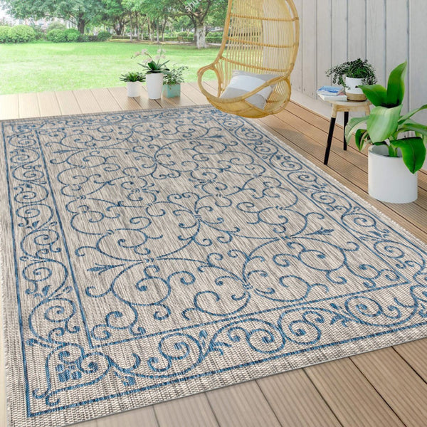 HomeRoots 10' Gray and Navy Blue Medallion Area Rug - Elegant Indoor Outdoor Design for Patios, Living Rooms & More 704311