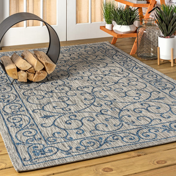 HomeRoots 6' Gray and Navy Blue Medallion Area Rug - Stylish, Durable, Indoor/Outdoor Design for Any Space 704313