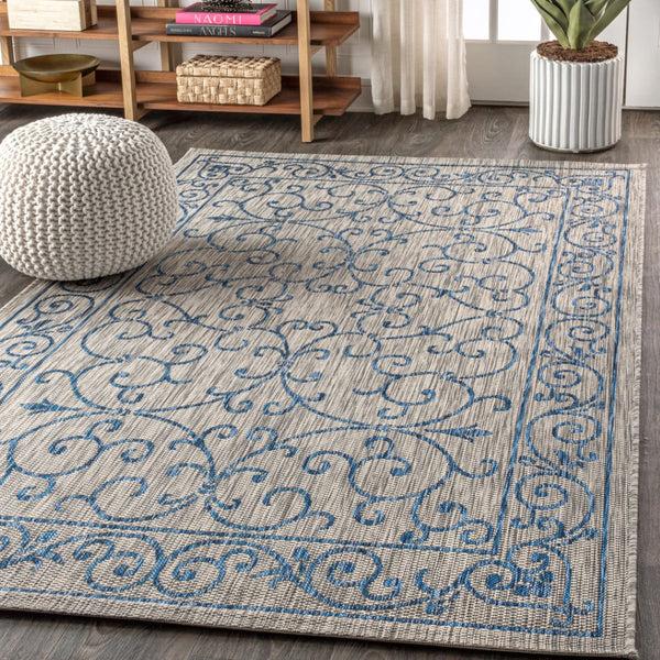 HomeRoots 6' Gray and Navy Blue Medallion Area Rug - Stylish, Durable, Indoor/Outdoor Design for Any Space 704313