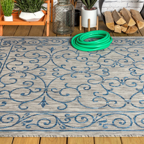 HomeRoots 6' Gray and Navy Blue Medallion Area Rug - Stylish, Durable, Indoor/Outdoor Design for Any Space 704313
