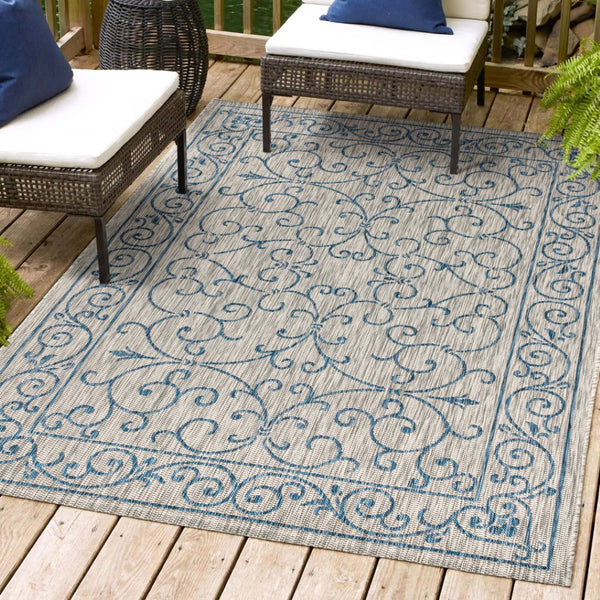 HomeRoots 6' Gray and Navy Blue Medallion Area Rug - Stylish, Durable, Indoor/Outdoor Design for Any Space 704313