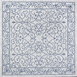 HomeRoots 6' Gray and Navy Blue Square Medallion Rug - Stylish Indoor/Outdoor Area Rug for Modern Spaces 704315