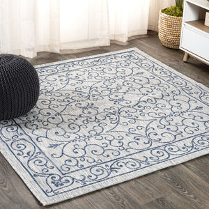 HomeRoots 8' Gray and Navy Blue Square Medallion Area Rug – Durable, Stylish for Indoor/Outdoor Spaces, Easy Care 704317