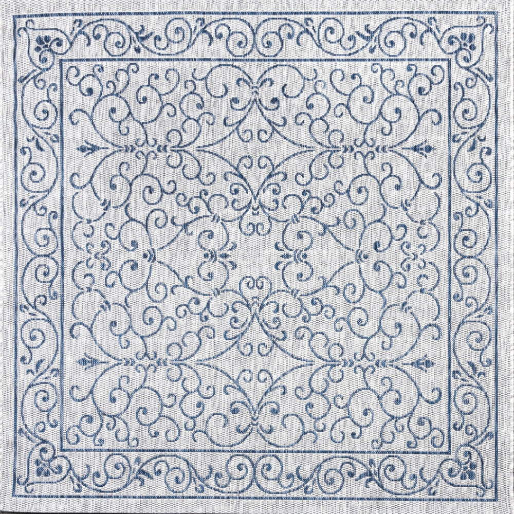 HomeRoots 8' Gray and Navy Blue Square Medallion Area Rug – Durable, Stylish for Indoor/Outdoor Spaces, Easy Care 704317
