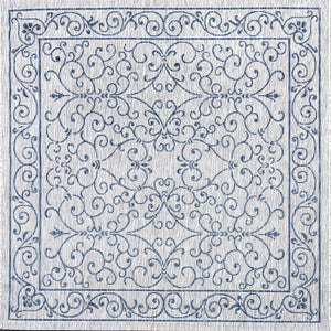 HomeRoots 8' Gray and Navy Blue Square Medallion Area Rug – Durable, Stylish for Indoor/Outdoor Spaces, Easy Care 704317