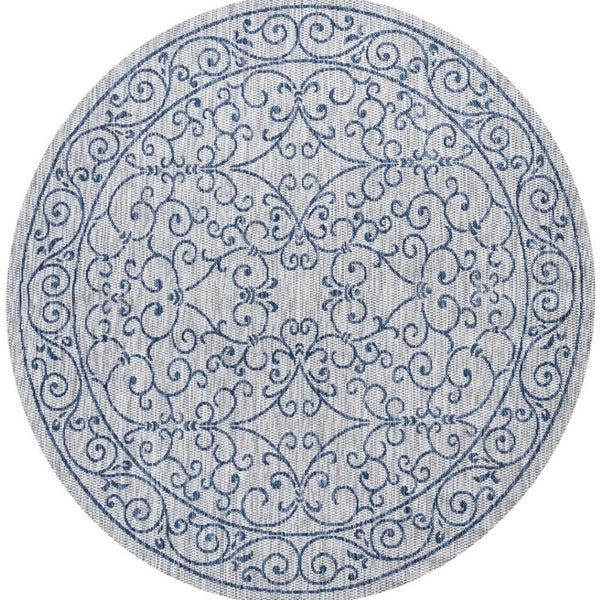 HomeRoots 9' Gray and Navy Blue Round Medallion Rug - Stylish Indoor/Outdoor Area Rug for Any Space 704318