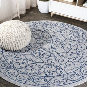 HomeRoots 9' Gray and Navy Blue Round Medallion Rug - Stylish Indoor/Outdoor Area Rug for Any Space 704318
