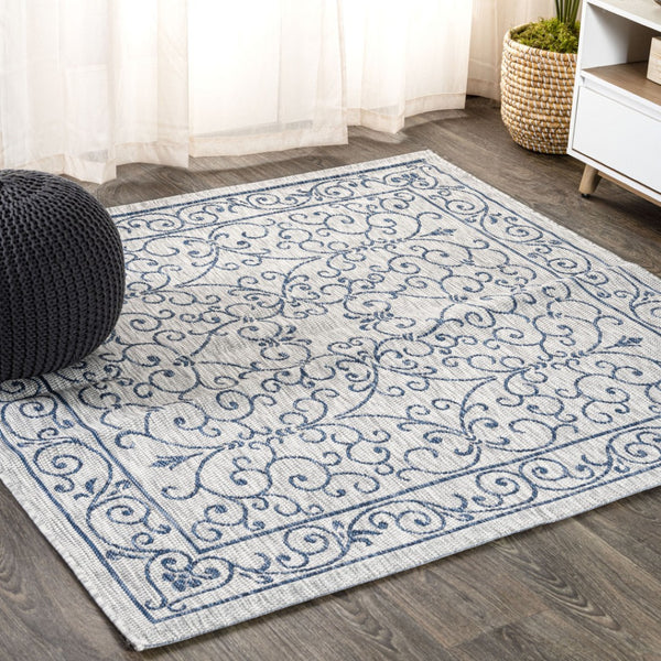 HomeRoots 9' Gray and Navy Blue Square Medallion Area Rug – Stylish, Durable, Weather-Resistant for Indoors & Outdoors 704319