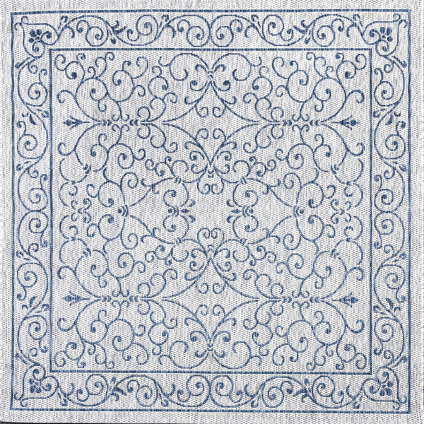 HomeRoots 9' Gray and Navy Blue Square Medallion Area Rug – Stylish, Durable, Weather-Resistant for Indoors & Outdoors 704319
