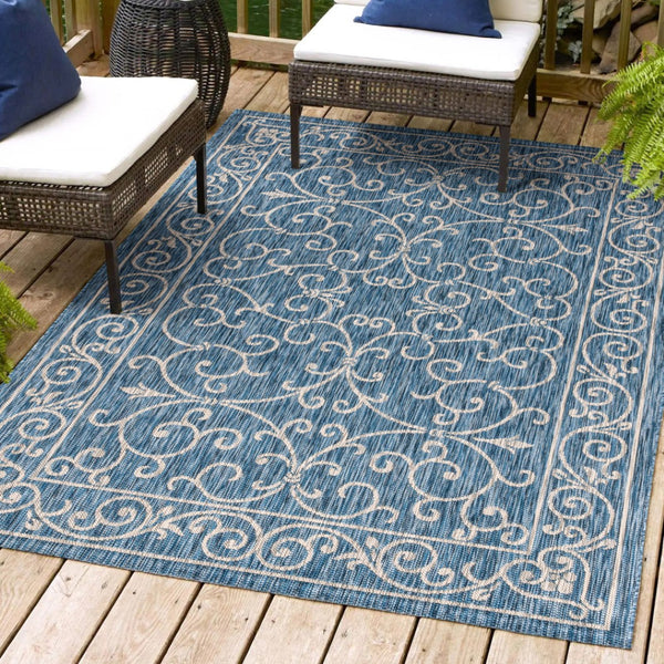 HomeRoots 6' X 9' Navy Blue and Gray Medallion Rug - Durable, Stylish Indoor/Outdoor Area Rug for Any Space 704322