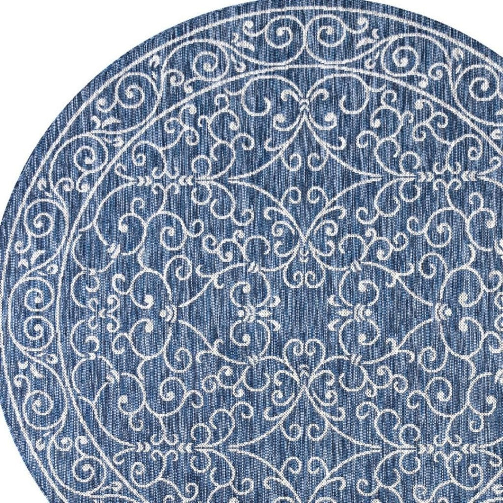 HomeRoots 6' Navy Blue and Gray Round Medallion Rug – Stylish Indoor/Outdoor Area Rug for Contemporary Spaces 704323