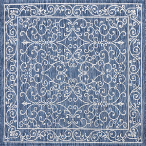 HomeRoots 8' Navy Blue and Gray Square Medallion Rug - Stylish Indoor/Outdoor Accent for Modern Spaces 704326