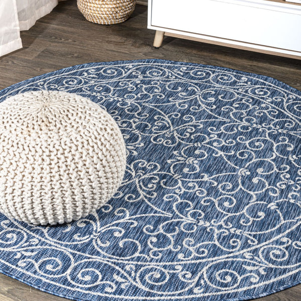 HomeRoots 9' Navy Blue & Gray Round Medallion Rug - Stylish, Durable Indoor/Outdoor Area Rug for Any Space 704327