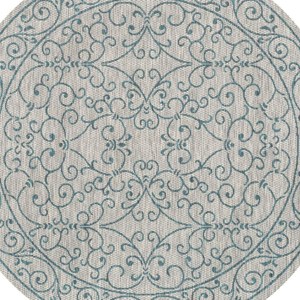 HomeRoots 5' Stylish Gray and Teal Round Medallion Area Rug for Indoor/Outdoor Spaces - Durable & Versatile! 704330
