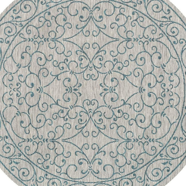 HomeRoots 5' Stylish Gray and Teal Round Medallion Area Rug for Indoor/Outdoor Spaces - Durable & Versatile! 704330