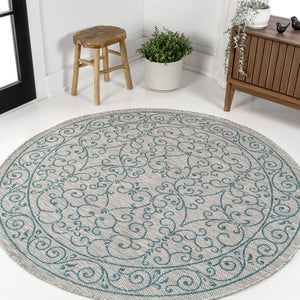HomeRoots 5' Stylish Gray and Teal Round Medallion Area Rug for Indoor/Outdoor Spaces - Durable & Versatile! 704330