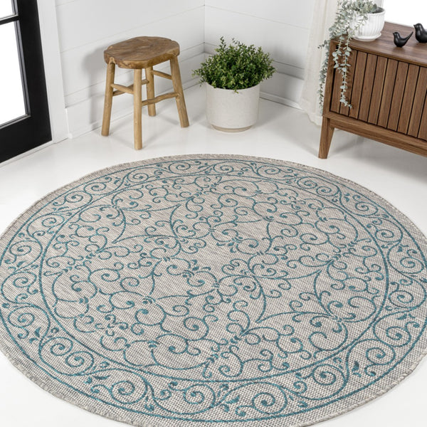 HomeRoots 5' Stylish Gray and Teal Round Medallion Area Rug for Indoor/Outdoor Spaces - Durable & Versatile! 704330