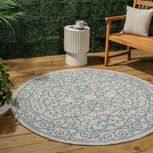 HomeRoots 5' Stylish Gray and Teal Round Medallion Area Rug for Indoor/Outdoor Spaces - Durable & Versatile! 704330