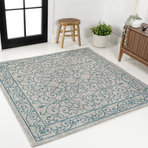 HomeRoots 5' Gray and Teal Blue Square Medallion Rug – Stylish Indoor/Outdoor Area Rug for Any Space 704331