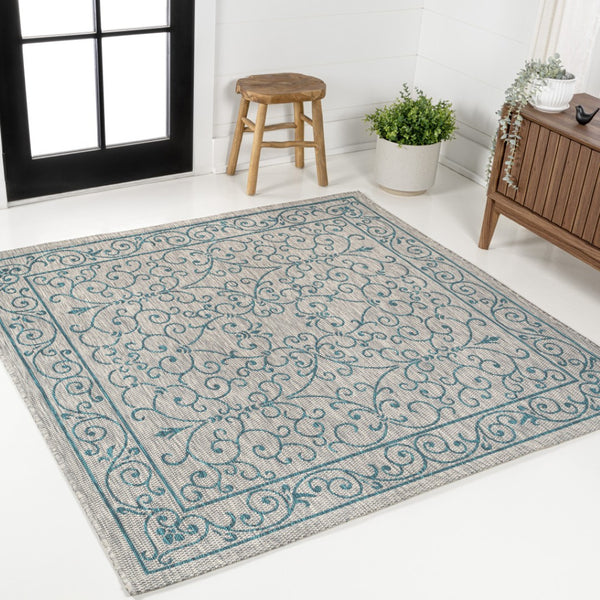 HomeRoots 5' Gray and Teal Blue Square Medallion Rug – Stylish Indoor/Outdoor Area Rug for Any Space 704331