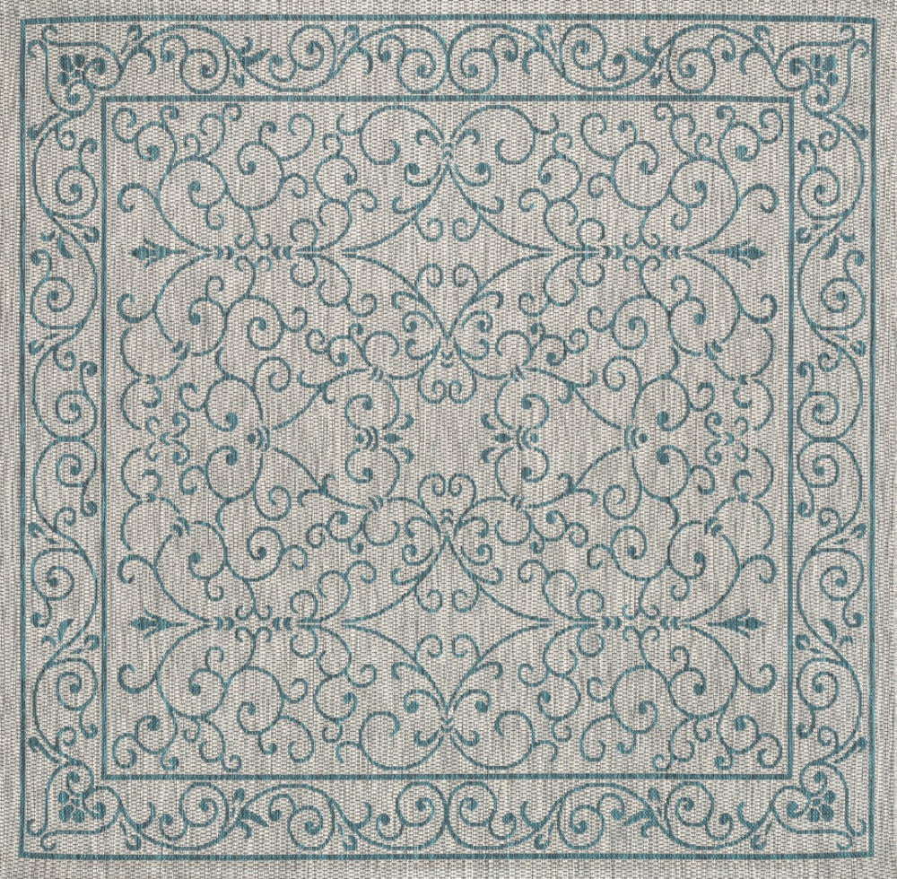 HomeRoots 5' Gray and Teal Blue Square Medallion Rug – Stylish Indoor/Outdoor Area Rug for Any Space 704331