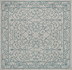 HomeRoots 5' Gray and Teal Blue Square Medallion Rug – Stylish Indoor/Outdoor Area Rug for Any Space 704331