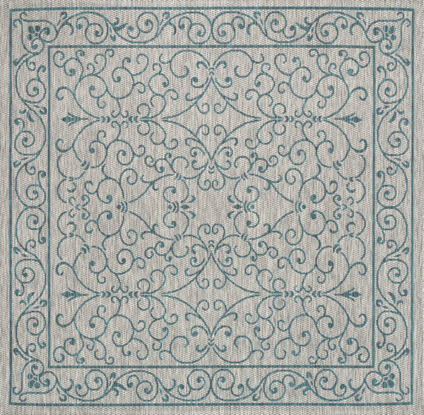 HomeRoots 5' Gray and Teal Blue Square Medallion Rug – Stylish Indoor/Outdoor Area Rug for Any Space 704331