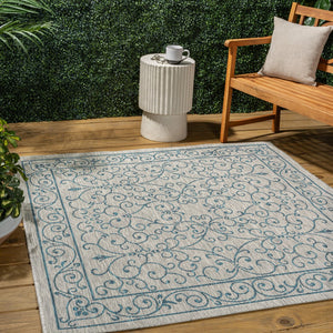 HomeRoots 5' Gray and Teal Blue Square Medallion Rug – Stylish Indoor/Outdoor Area Rug for Any Space 704331