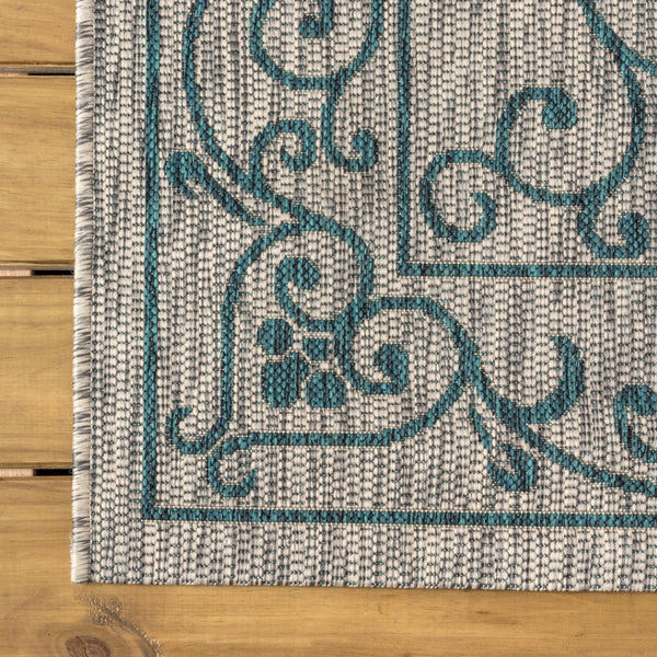 HomeRoots 5' Gray and Teal Blue Square Medallion Rug – Stylish Indoor/Outdoor Area Rug for Any Space 704331