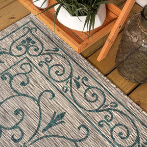 HomeRoots 5' Gray and Teal Blue Square Medallion Rug – Stylish Indoor/Outdoor Area Rug for Any Space 704331