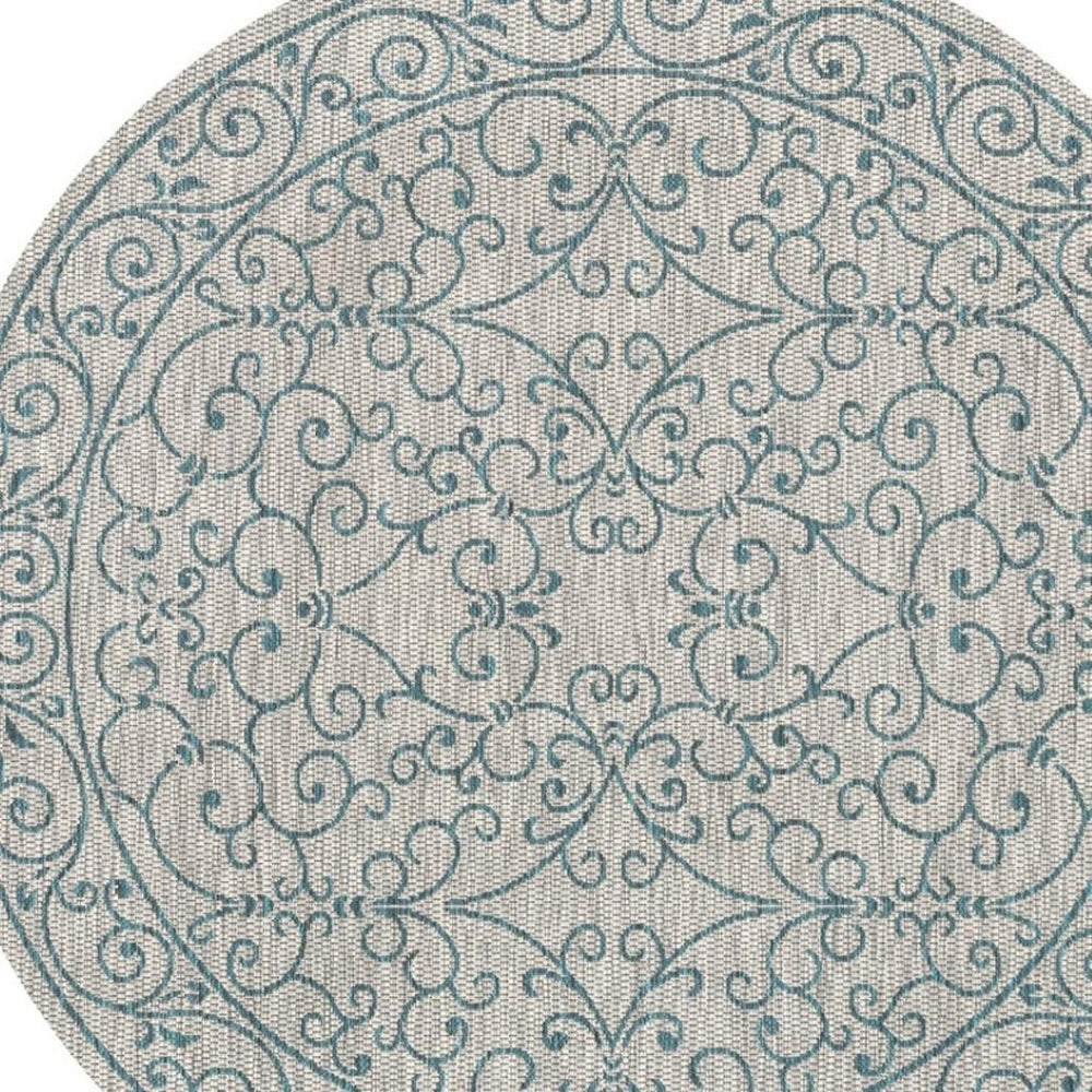 HomeRoots 6' Round Medallion Rug in Gray and Teal Blue - Stylish Indoor/Outdoor Design for Any Space! 704333