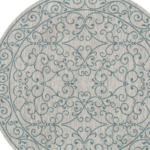 HomeRoots 6' Round Medallion Rug in Gray and Teal Blue - Stylish Indoor/Outdoor Design for Any Space! 704333
