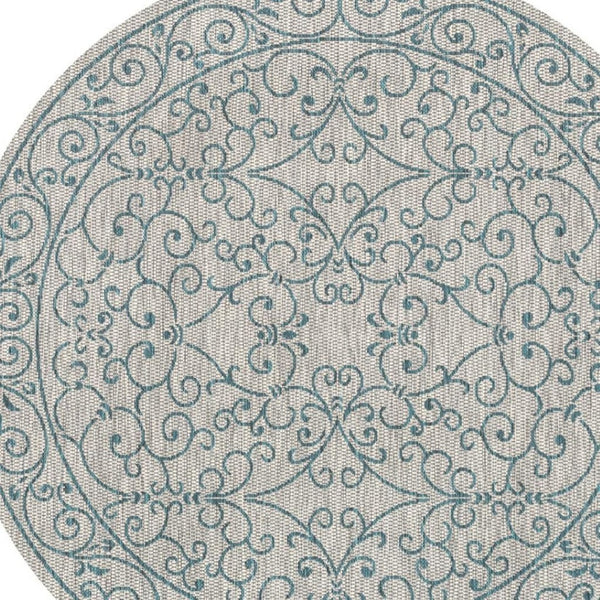 HomeRoots 6' Round Medallion Rug in Gray and Teal Blue - Stylish Indoor/Outdoor Design for Any Space! 704333
