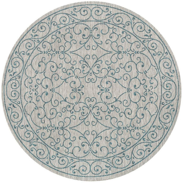 HomeRoots 6' Round Medallion Rug in Gray and Teal Blue - Stylish Indoor/Outdoor Design for Any Space! 704333