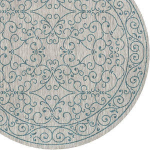 HomeRoots 8' Gray and Teal Blue Round Medallion Rug – Stylish Indoor/Outdoor Area Rug for High-Traffic Spaces! 704335
