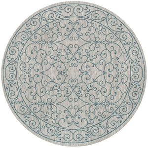 HomeRoots 8' Gray and Teal Blue Round Medallion Rug – Stylish Indoor/Outdoor Area Rug for High-Traffic Spaces! 704335