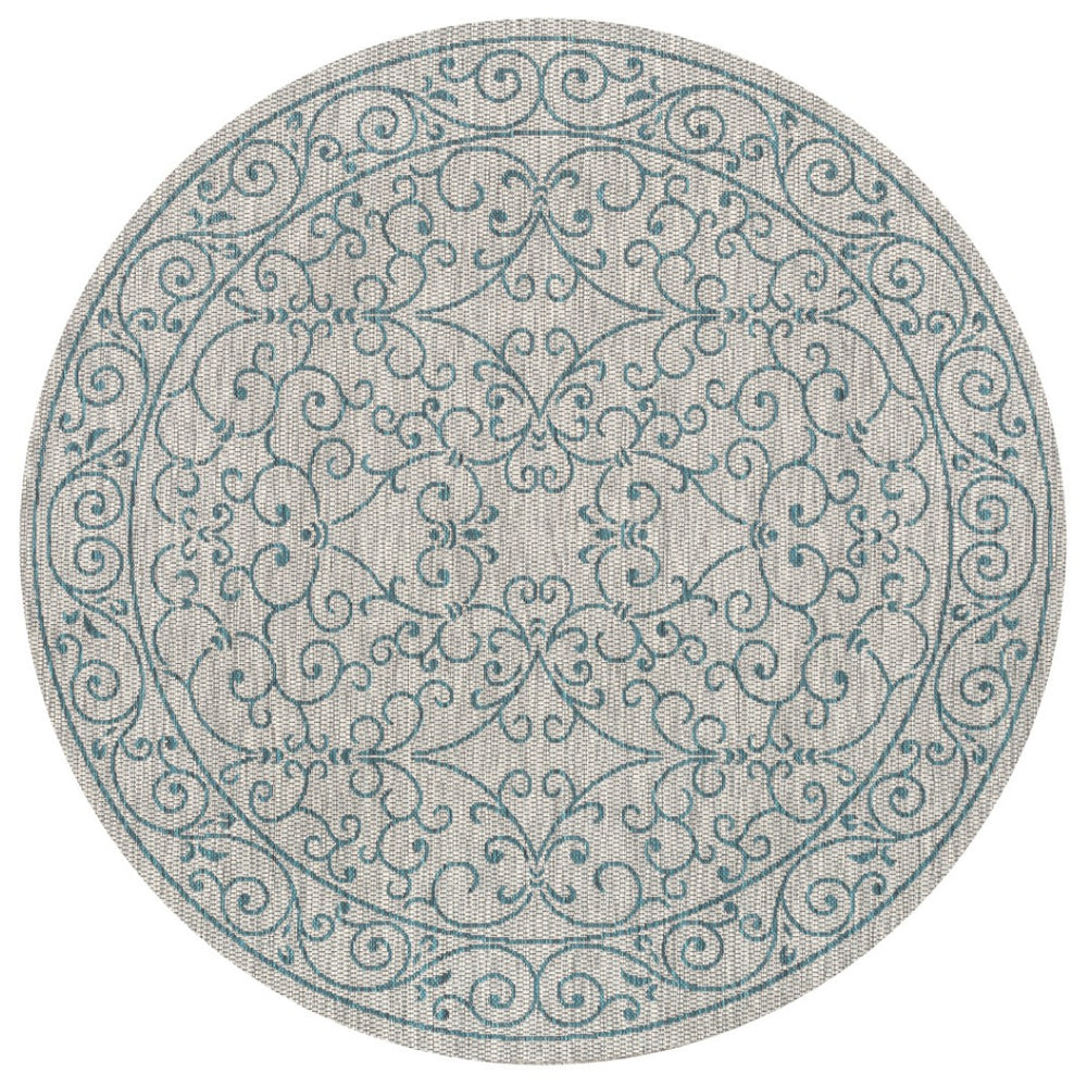 HomeRoots 8' Gray and Teal Blue Round Medallion Rug – Stylish Indoor/Outdoor Area Rug for High-Traffic Spaces! 704335